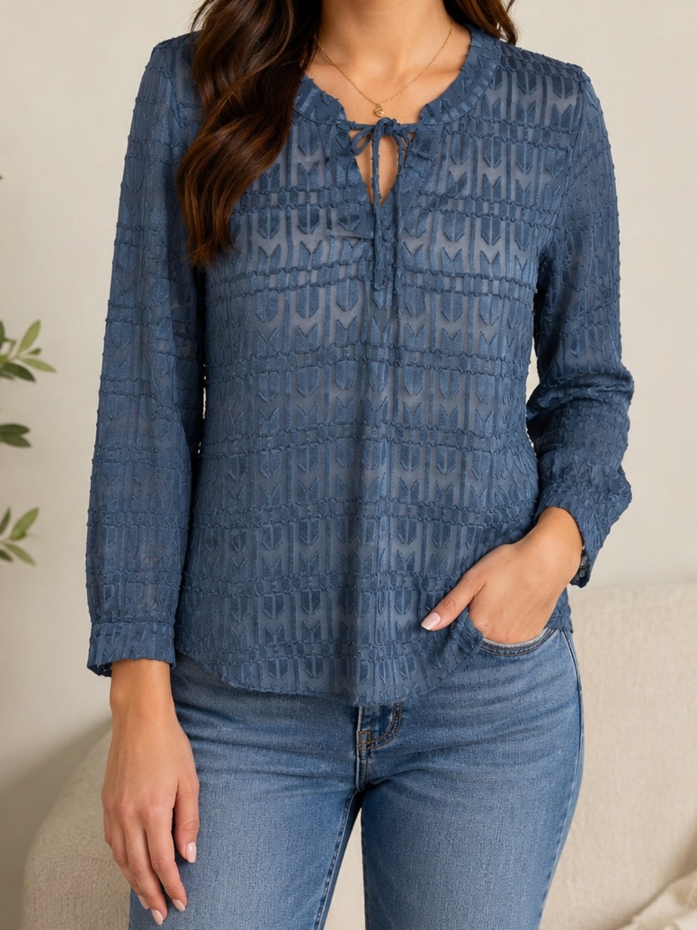 Banana Republic Slate Blue Textured Tie-Neck Blouse size xs